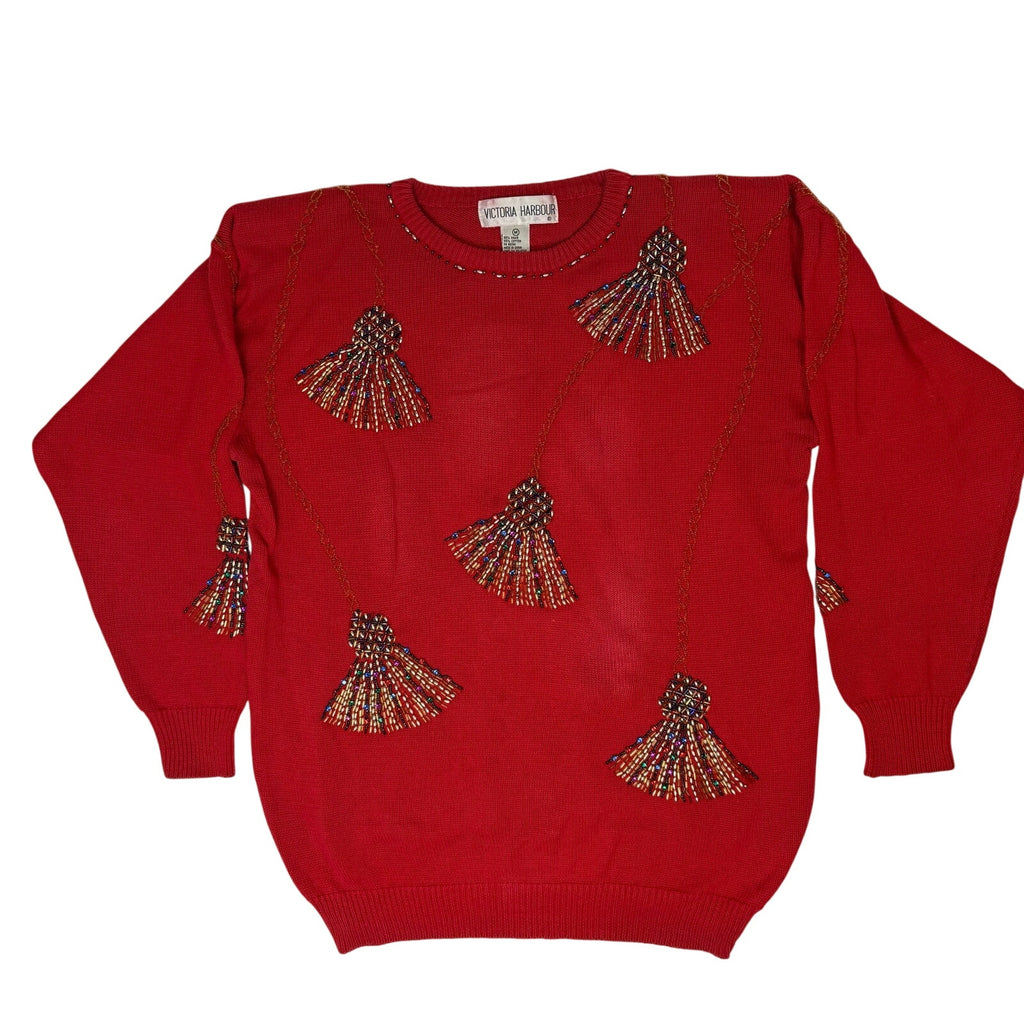 Vintage 80s Womens Medium Victoria Harbour Red Beaded Sweater Shoulder Pads