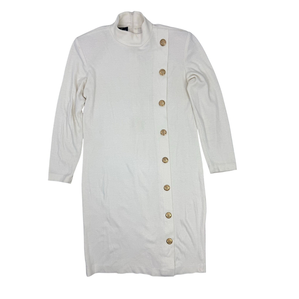 Vintage 80s Positive Attitude Ivory Sweater Dress Gold Anchor Buttons Medium