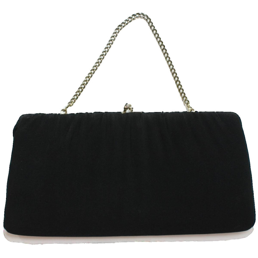 Vintage 60s Black Crepe Clutch Purse Chain Strap Frame Bag