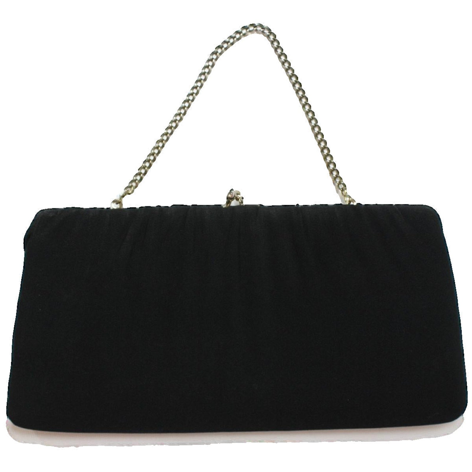 Vintage 60s Black Crepe Clutch Purse Chain Strap Frame Bag