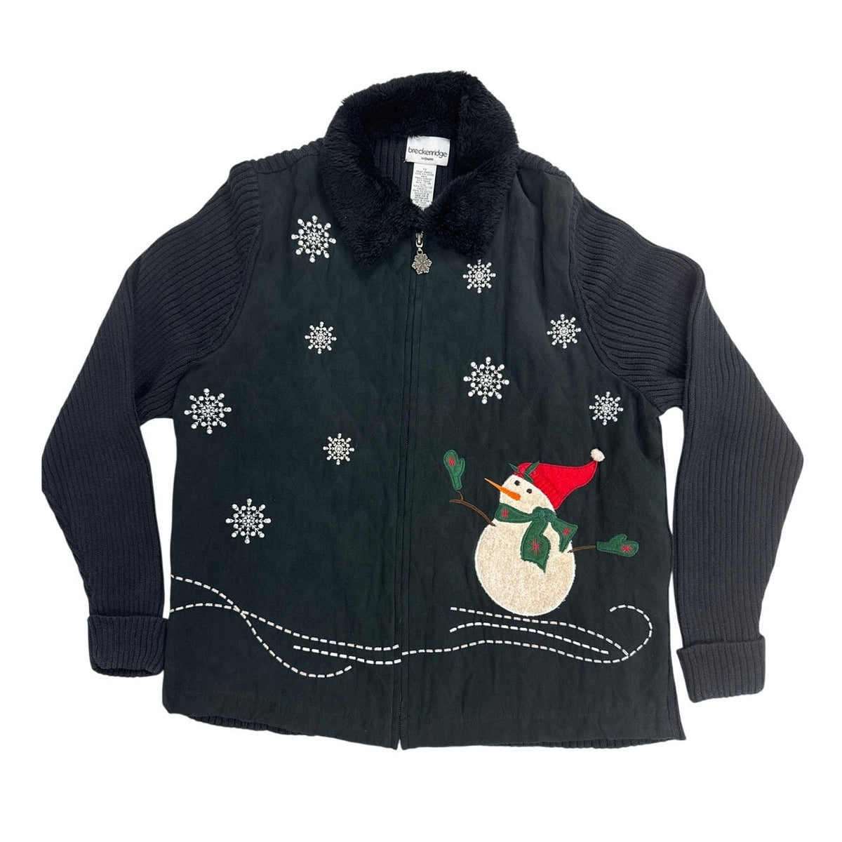 Vintage 80s Breckenridge Black Snowman Christmas Zip Cardigan Women’s 1X
