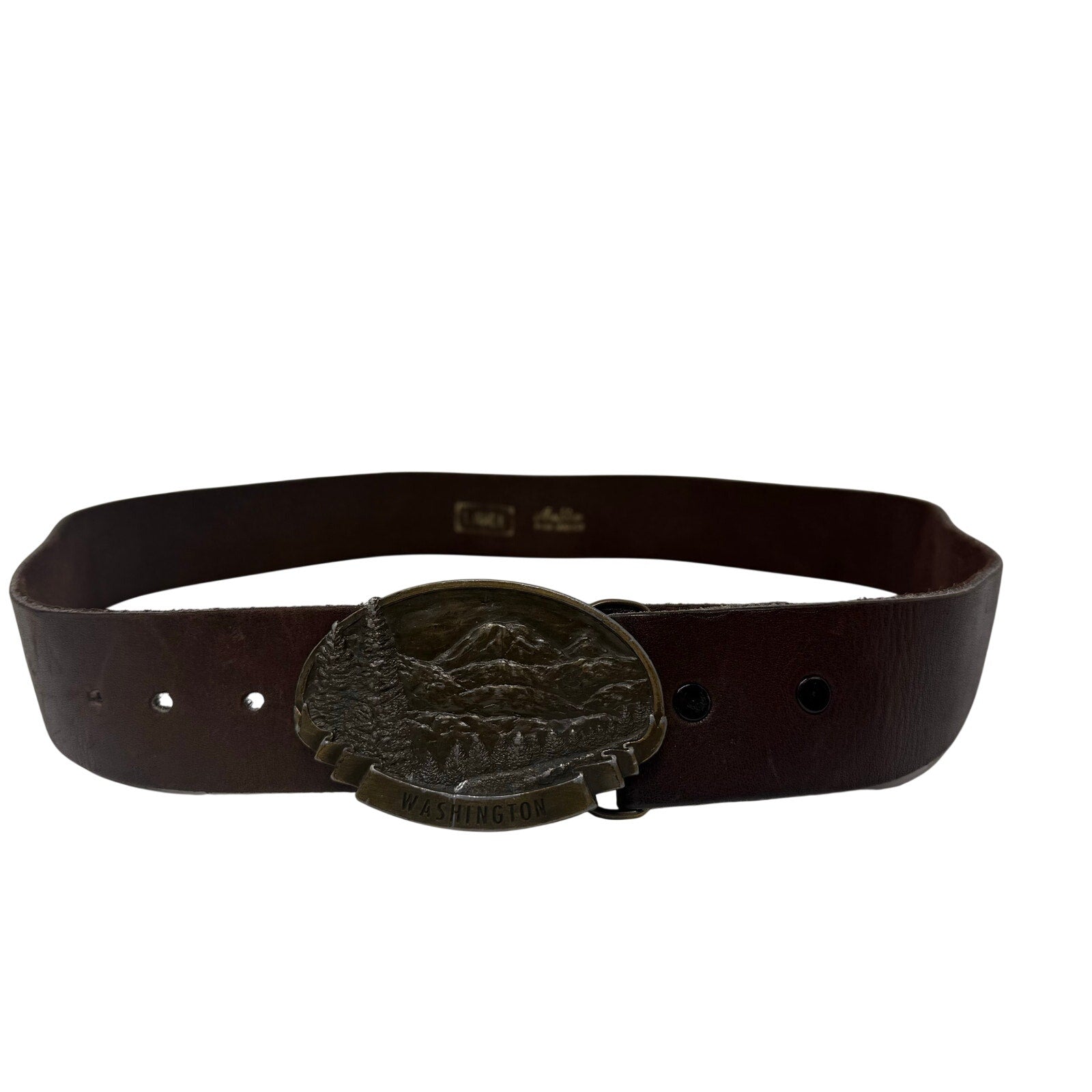 Mens 70s Leather Belt Mt Rainier Washington Brass Buckle USA