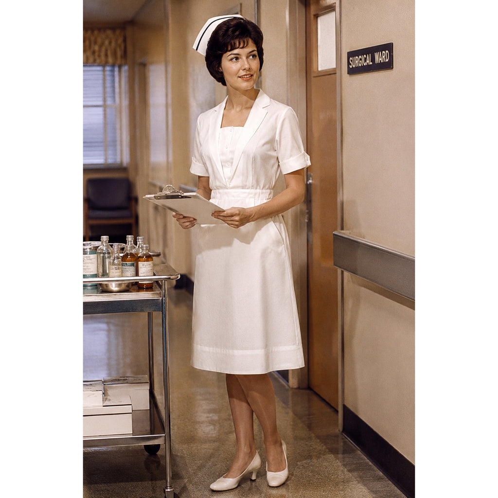 Vintage 1960s White Nurse Uniform Dress Nylon 34 Bust 26 Waist