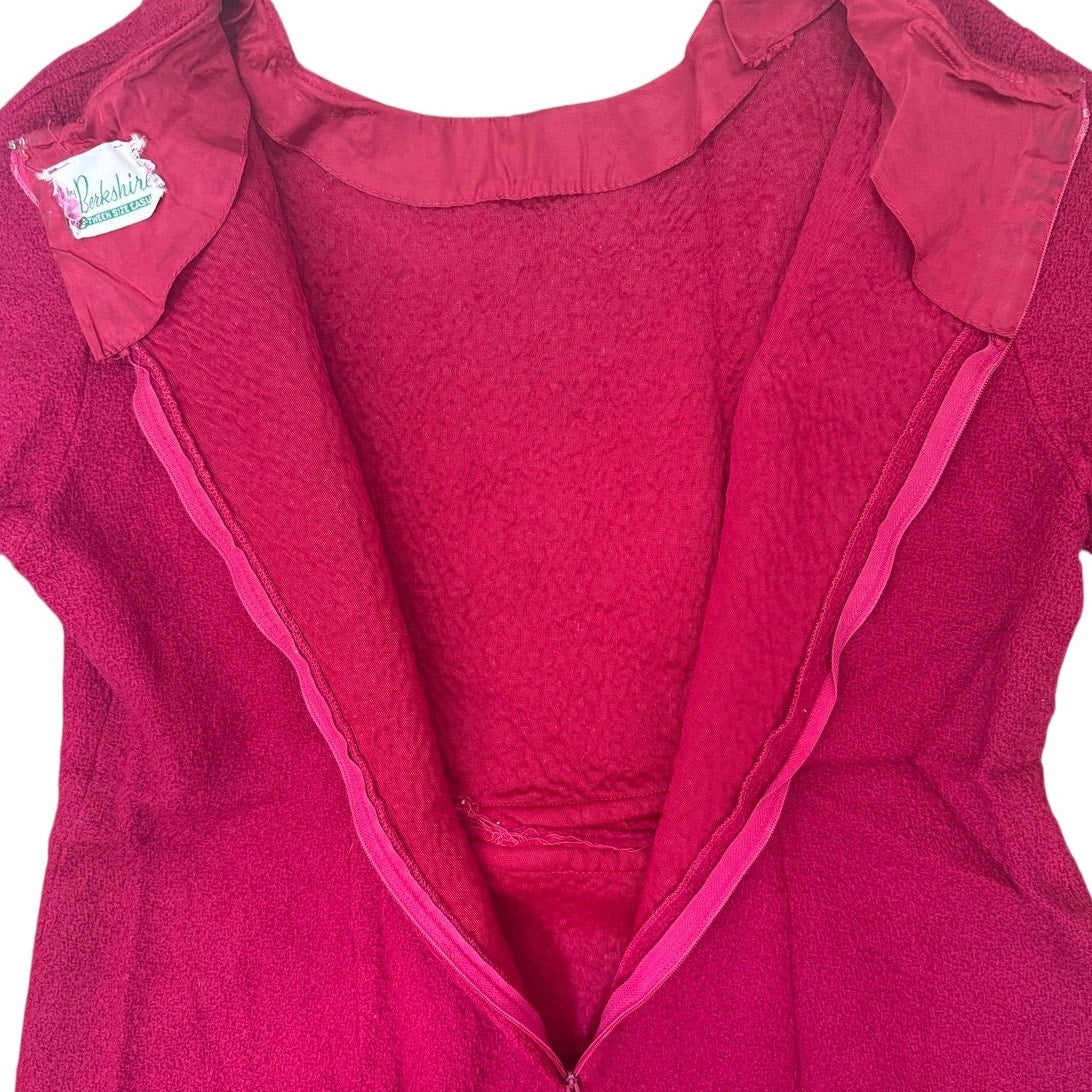 Vintage 60s Berkshire Wine Red Boucle Knit A-Line Dress Bow Accent Womens Medium