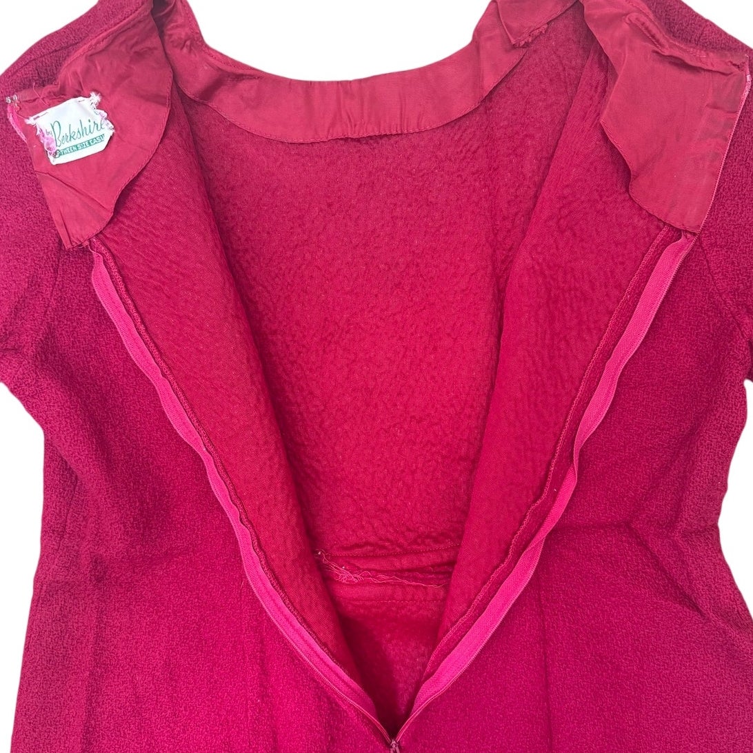 Vintage 60s Berkshire Wine Red Boucle Knit A-Line Dress Bow Accent Womens Medium