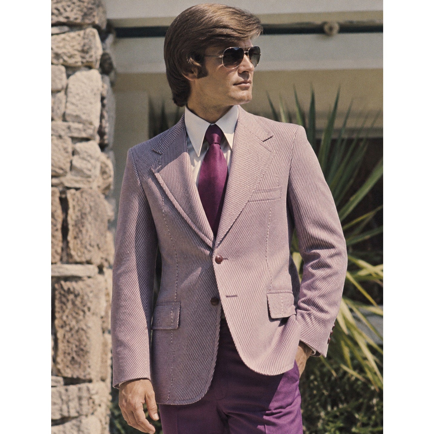 Vintage 70s Clubman Wine Geometric Stripe Polyester Sport Coat 40R