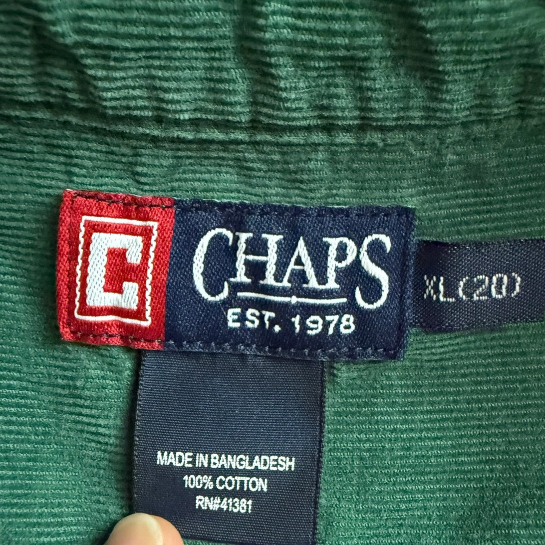 Vintage 90s Chaps Ralph Lauren Green Corduroy Button Down Shirt Boys 18/20