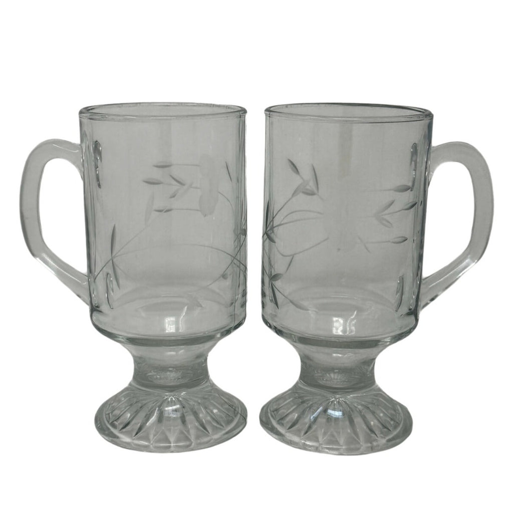 Vintage 90s Princess House Heritage Irish Etched Crystal Glass Coffee Mugs Set 2
