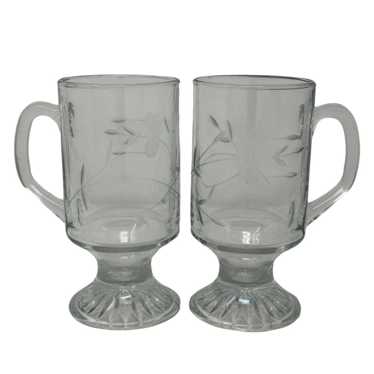 Vintage 90s Princess House Heritage Irish Etched Crystal Glass Coffee Mugs Set 2