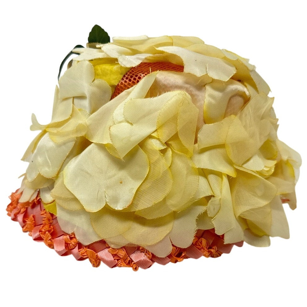 Vintage 1960s Yellow Floral Pillbox Hat Orange Raffia Brim Size 7