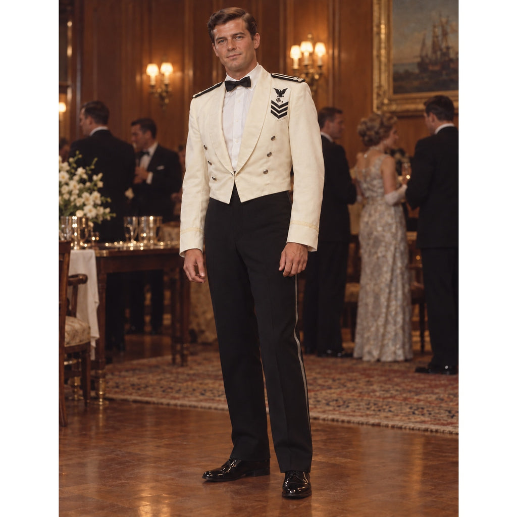 Vintage 60s 70s Foree White Military Mess Dress Jacket Black Pants L/34