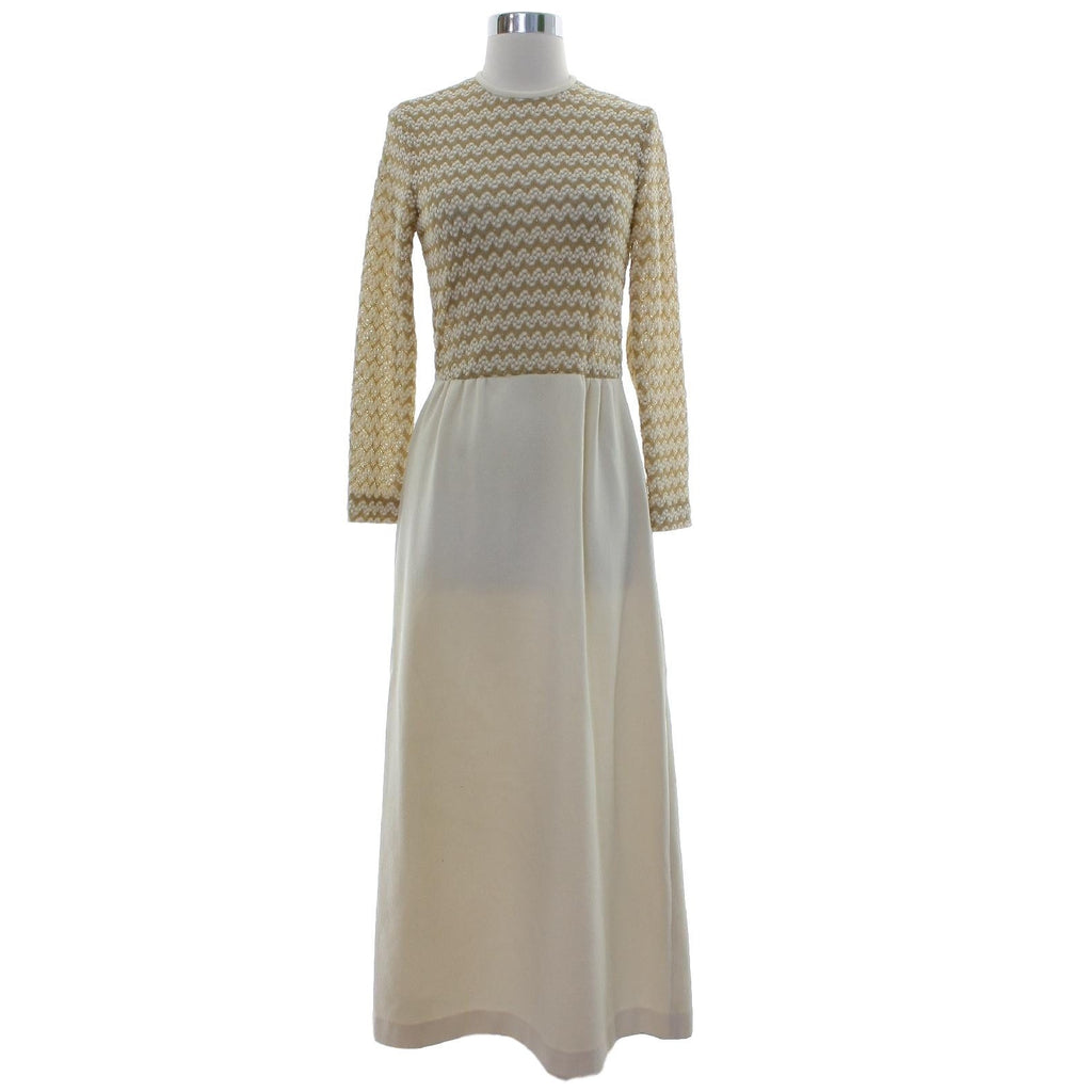 Vintage 1960s Ivory Gold Knit Maxi Dress Long Sleeve Sheer Bodice Women's XS