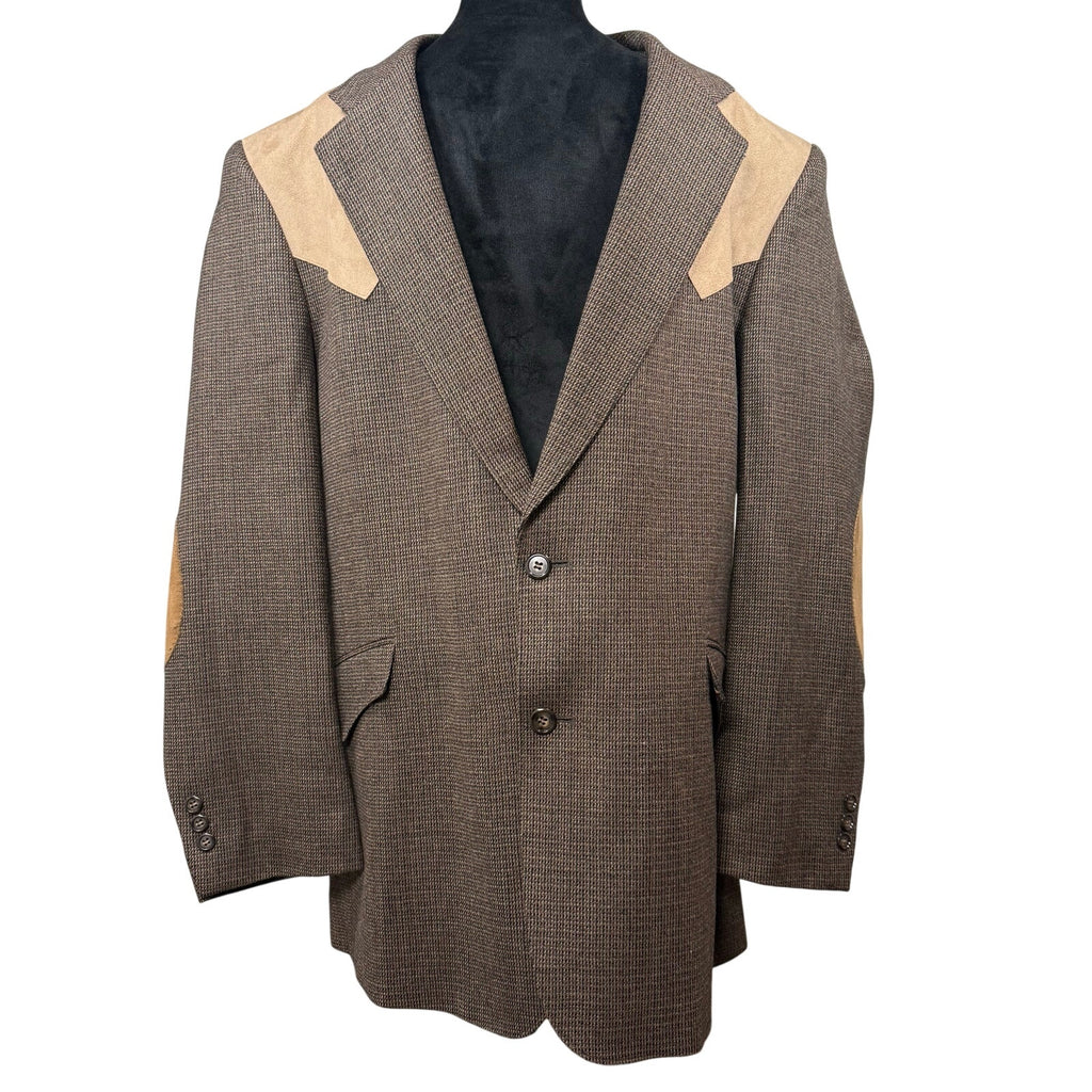 Vintage 90s Tweed Wool Blazer Men's 44R Mesquite Brown Suede Yoke Elbow Patches