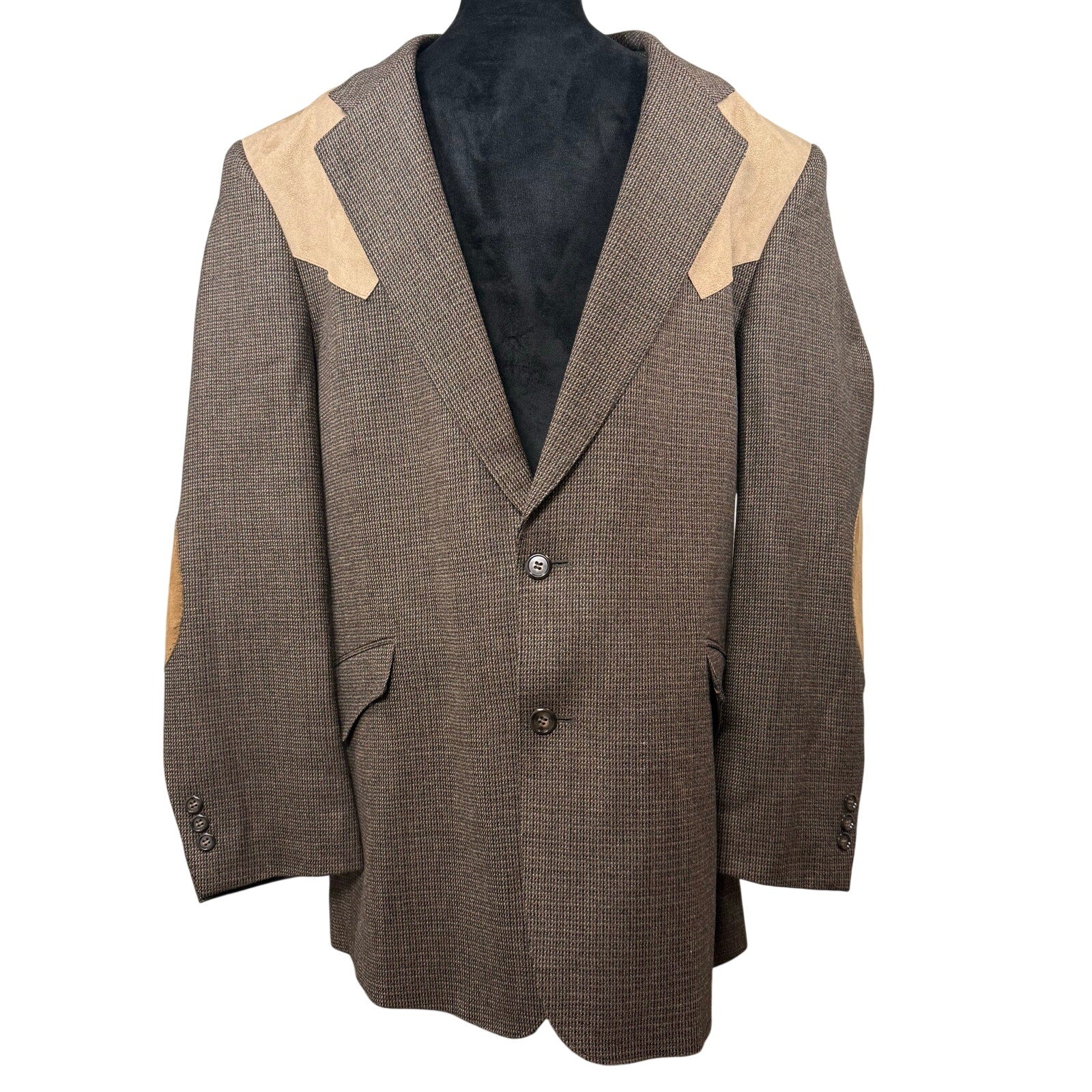 Vintage 90s Tweed Wool Blazer Men's 44R Mesquite Brown Suede Yoke Elbow Patches