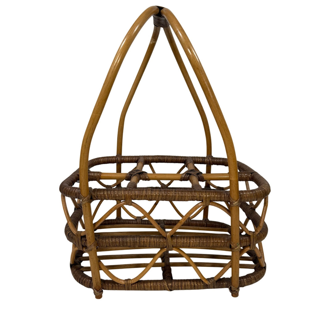 Vintage 80s Bent Wood Bamboo Wine Basket Holder Rustic Boho Farmhouse 18”