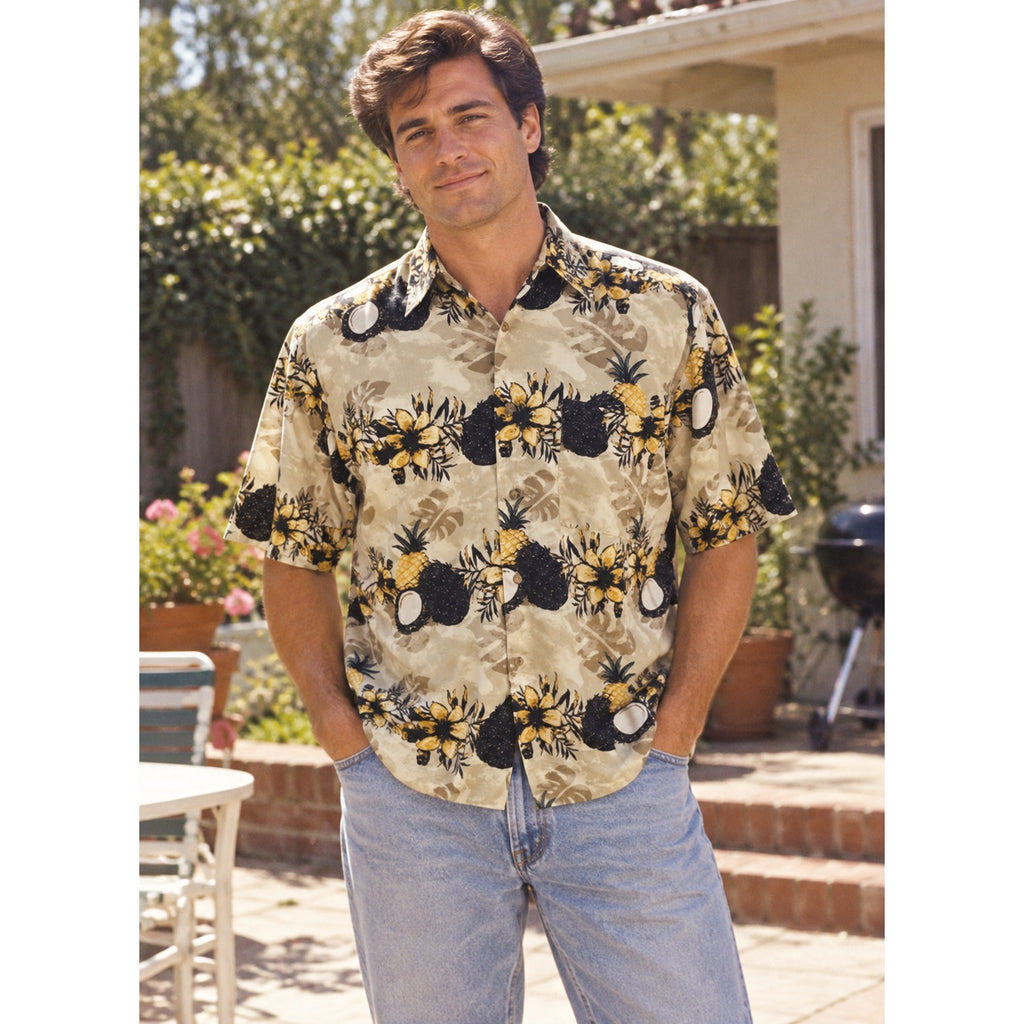 Vintage 90s Puritan Beige Pineapple Rayon Hawaiian Shirt Men’s Medium