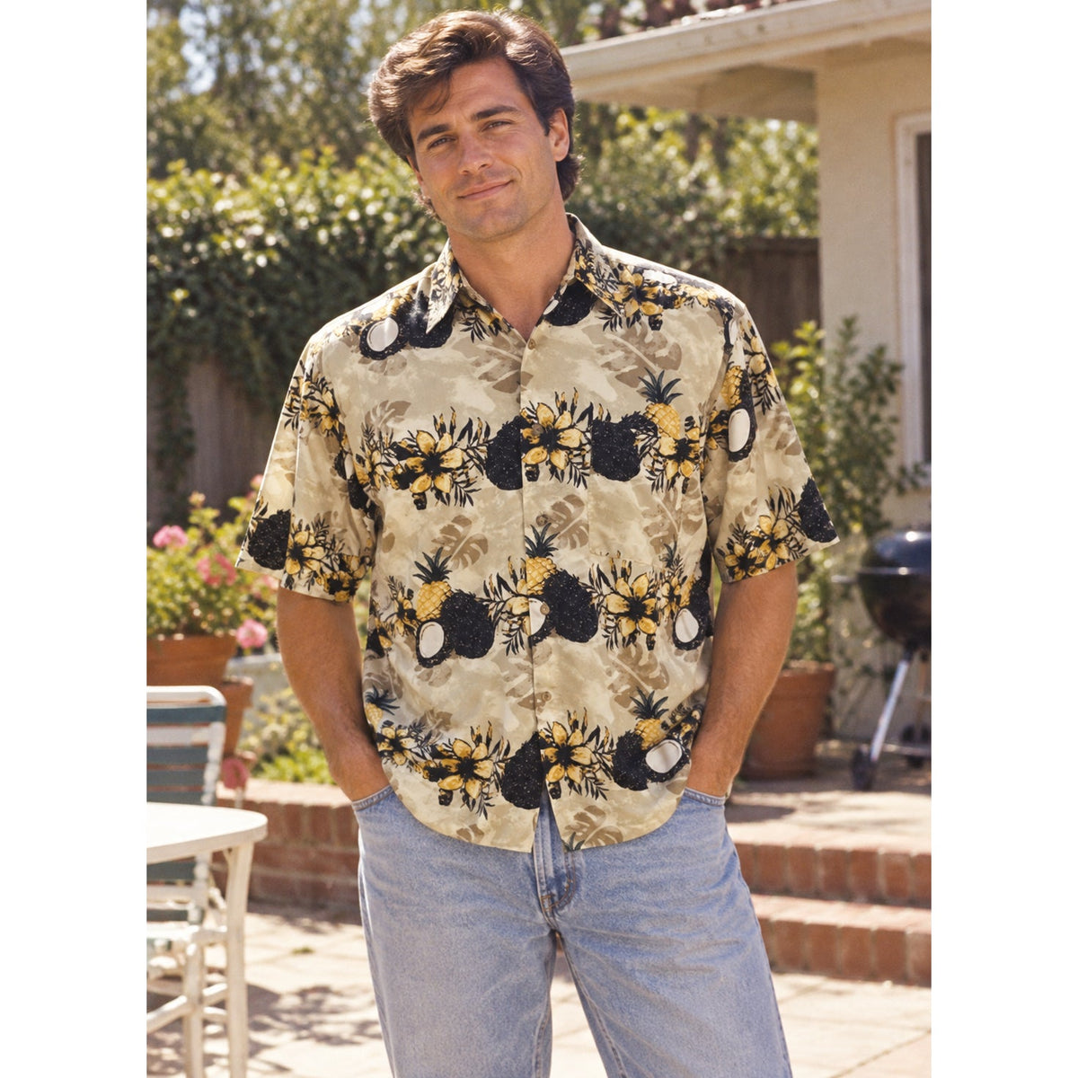 Vintage 90s Puritan Beige Pineapple Rayon Hawaiian Shirt Men’s Medium