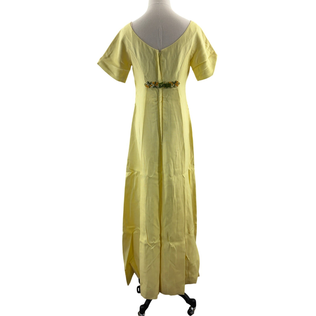Vintage 60s Women's XS Yellow Empire Waist Maxi Dress Floral Velvet Ribbon
