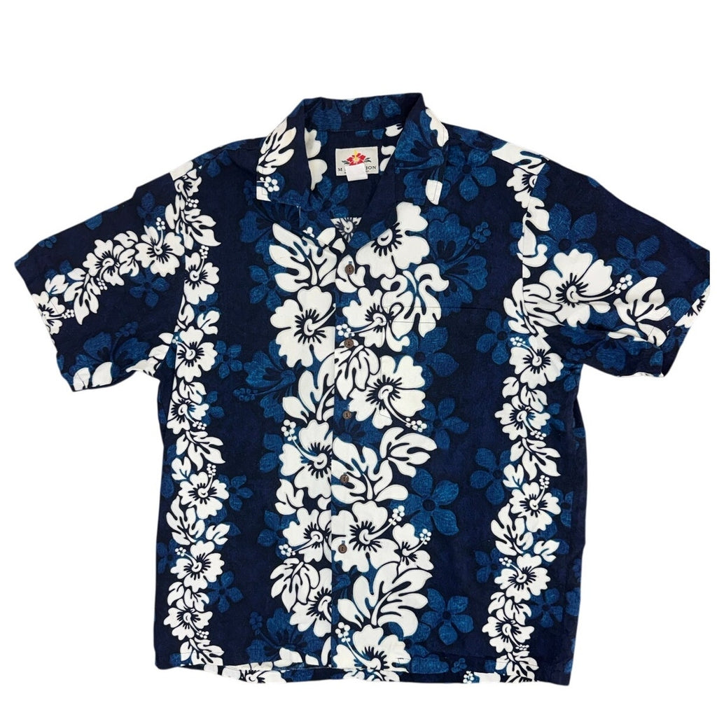 Vintage 90s Hawaiian Shirt Men's Medium Blue White Floral Cotton Aloha