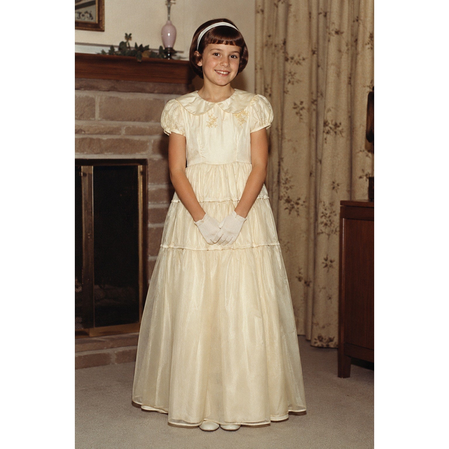 Vintage 60s Ivory Satin Wedding Flower Girl Dress & Slip Home Sewn Girls 12-14