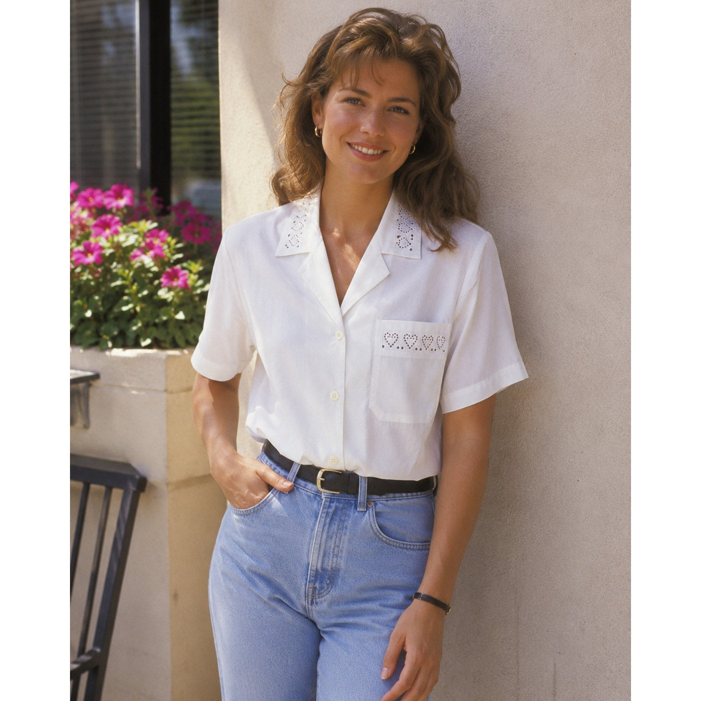 Vintage 1990s Lucia White Rayon Blend Embroidered Short Sleeve Blouse