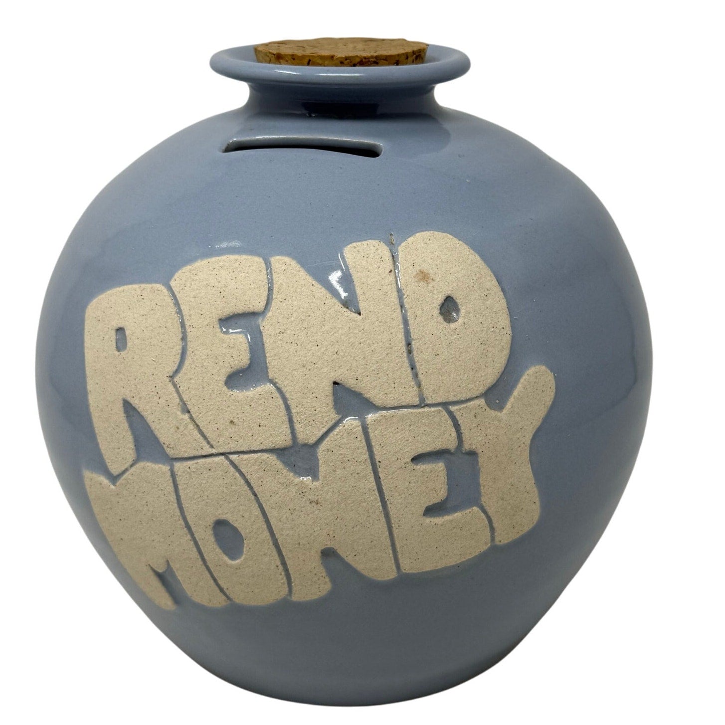 Vintage 90sPiggy Bank "Reno Money" Pottery Style with Cork Light Blue