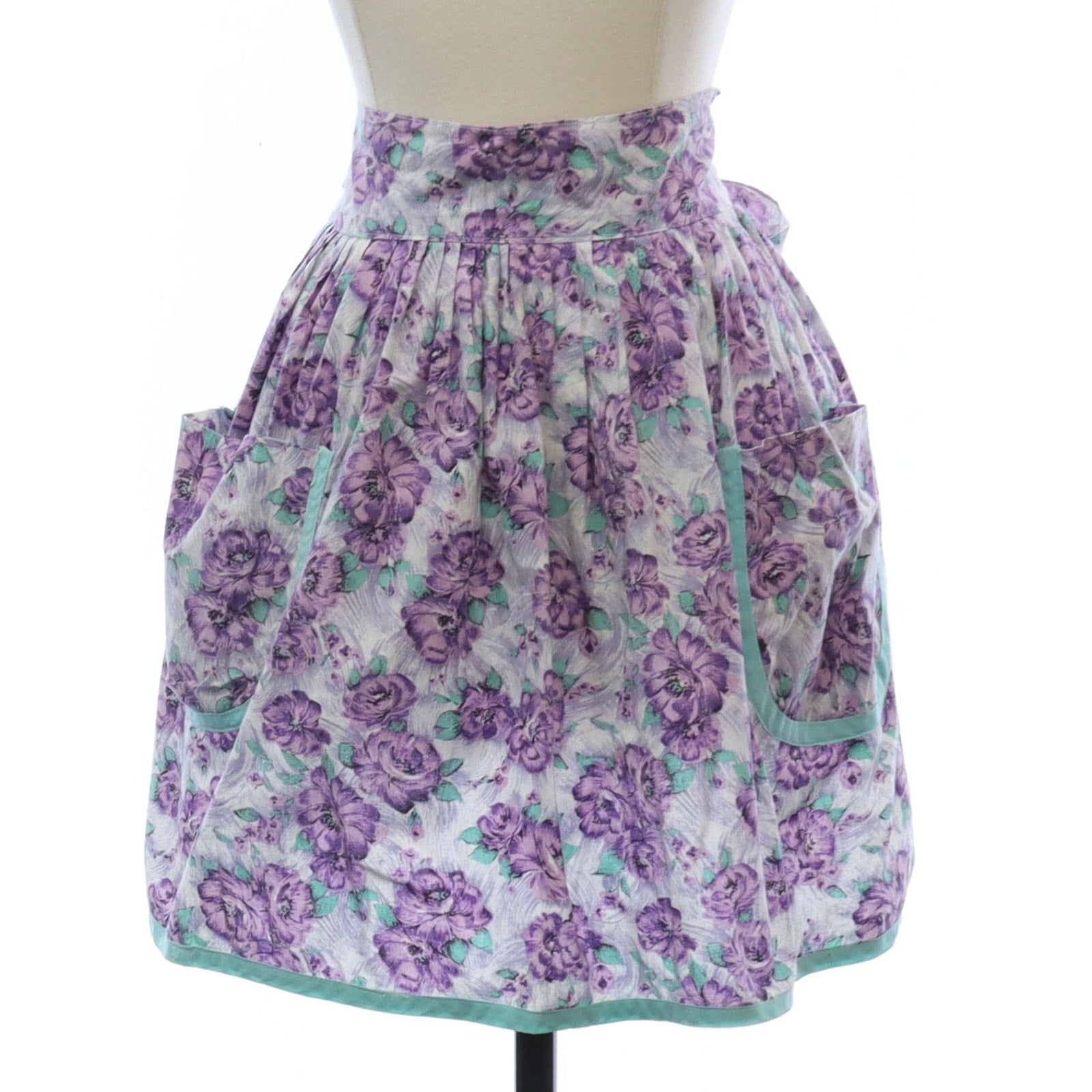 Vintage 1960s Home-Sewn Apron Purple Floral with Aqua Lining