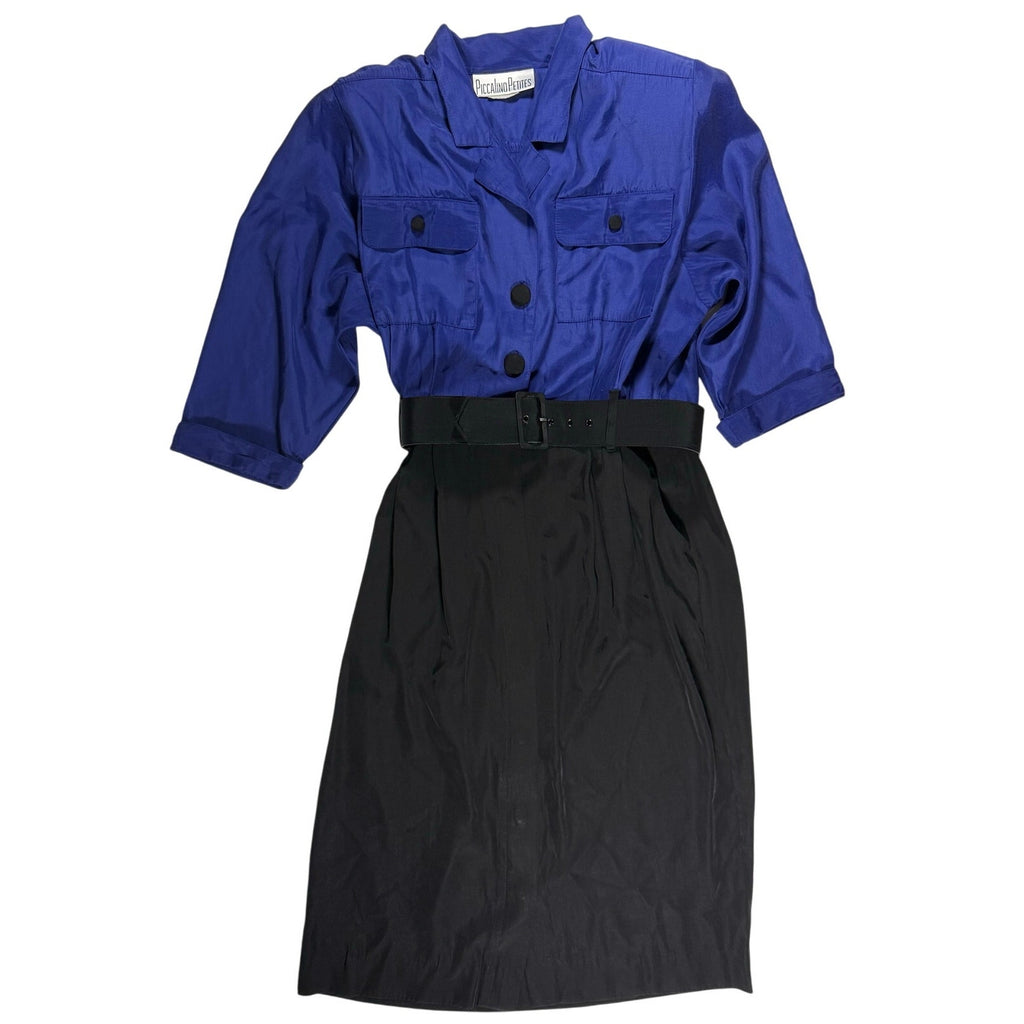 Vintage 80s Women's 8P Belted Dress Blue Black Office Chic USA Made