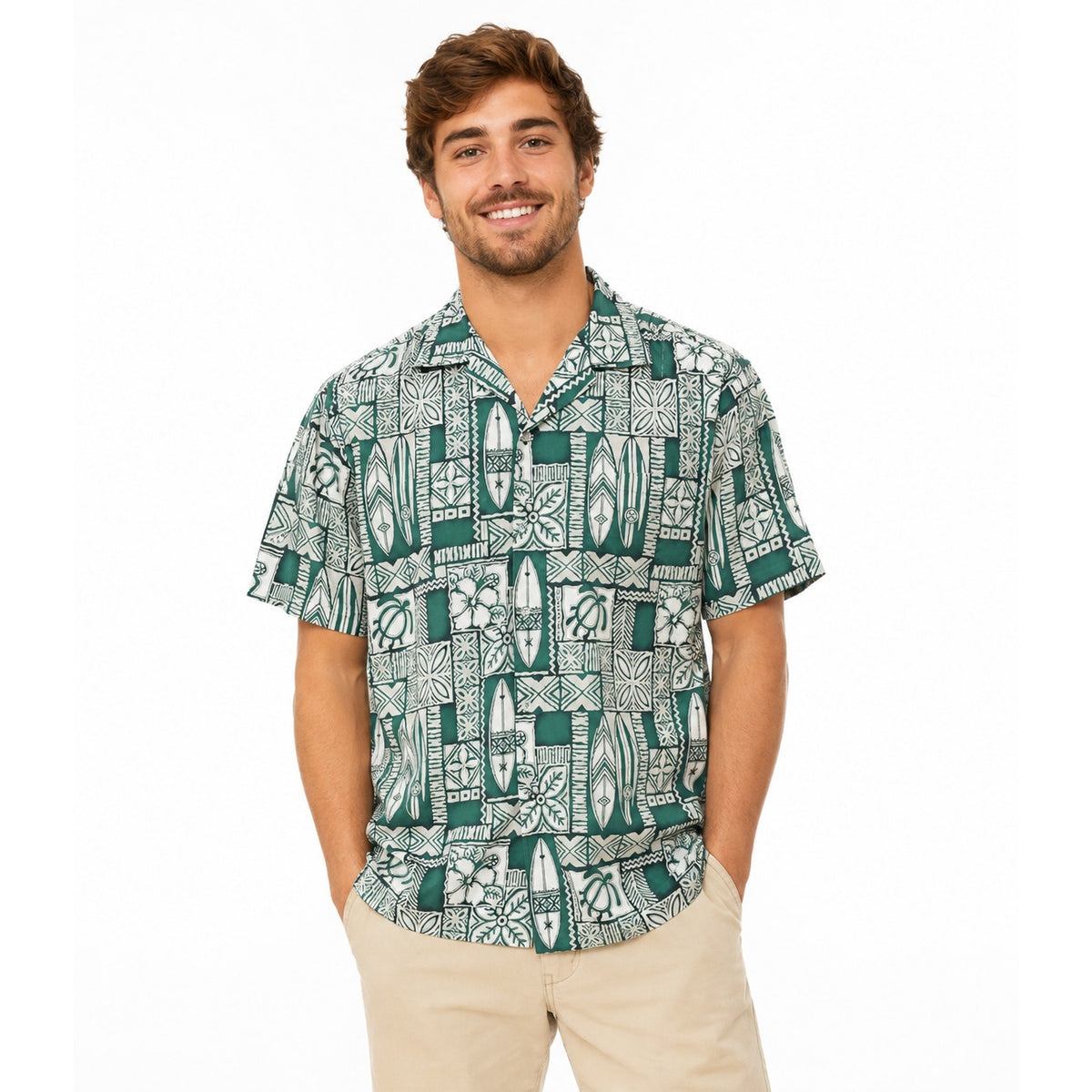 Vintage 80s Men's XL Hawaiian Shirt Green White Surfboard Turtle Print