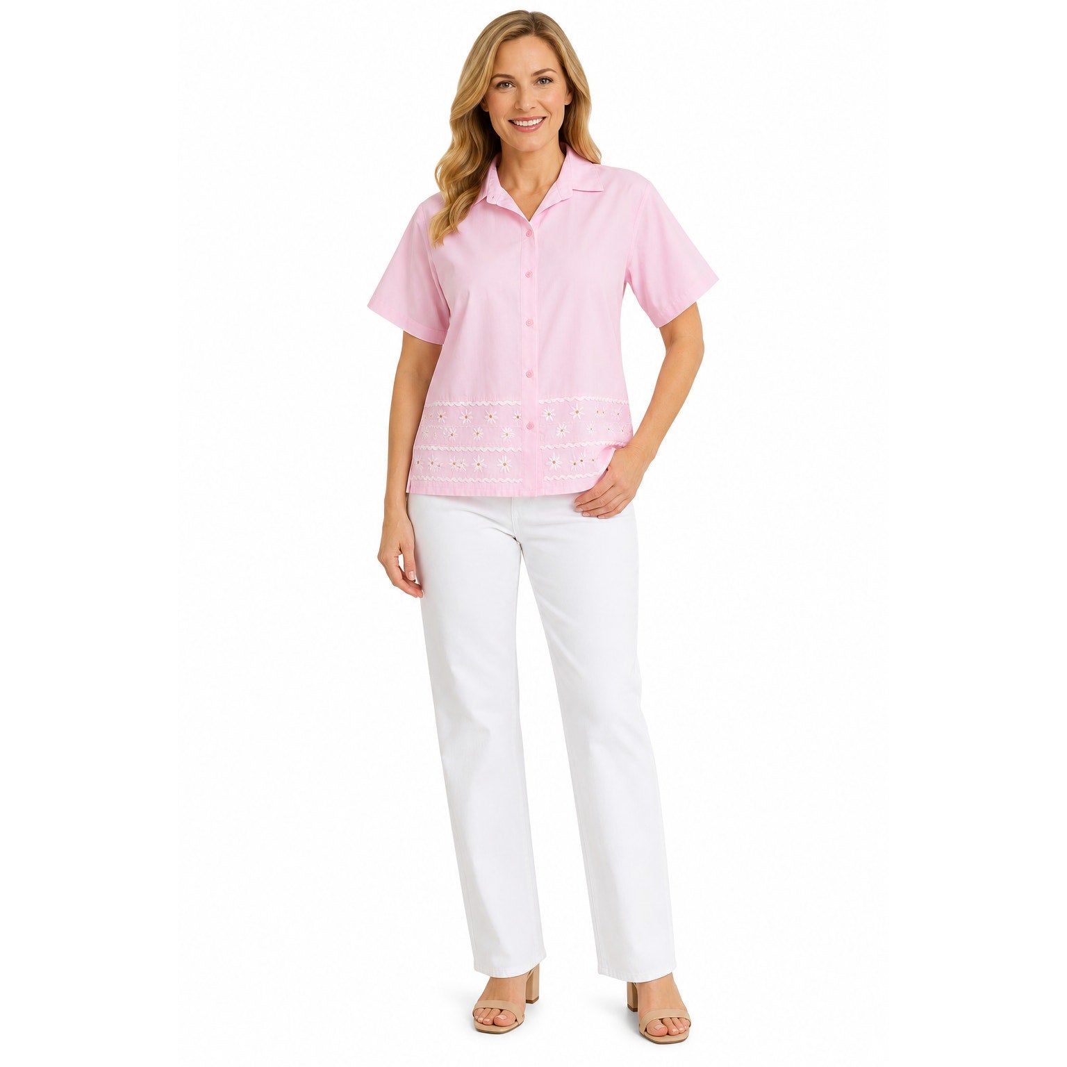 Jane Ashley Pink Embroidered Cotton Button Front Blouse Women's XL Floral