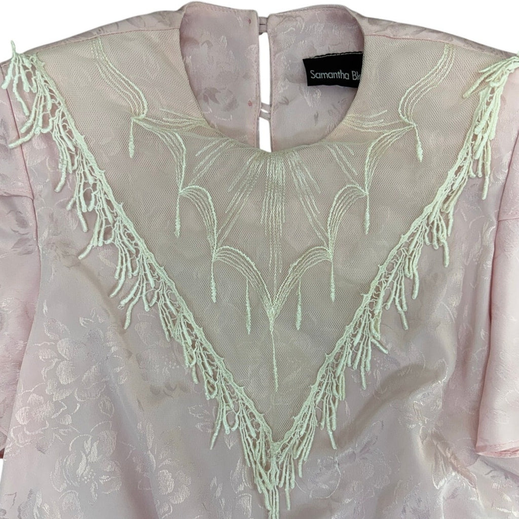 Vintage 80s Women's Medium Samantha Black Pink Fringe Lace Blouson Maxi Dress