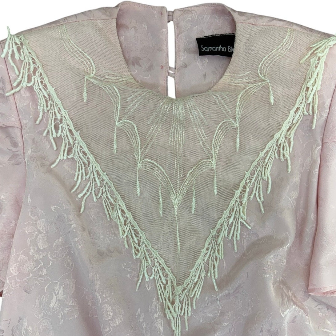 Vintage 80s Women's Medium Samantha Black Pink Fringe Lace Blouson Maxi Dress