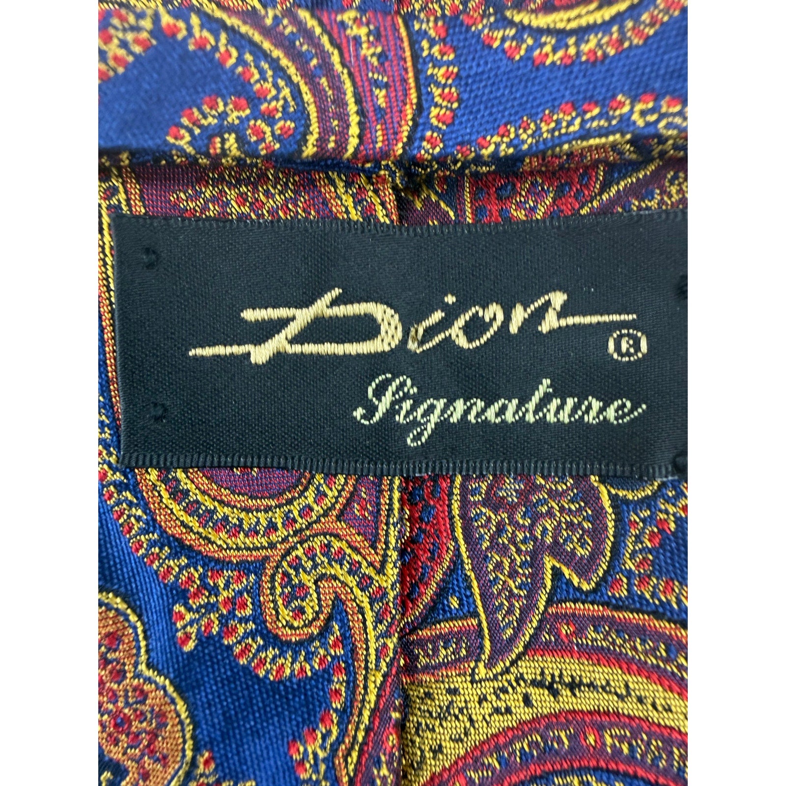 Vintage 90s Dion Signature Silk Paisley Tie Blue Red Gold Italian 60.5 x 3.25