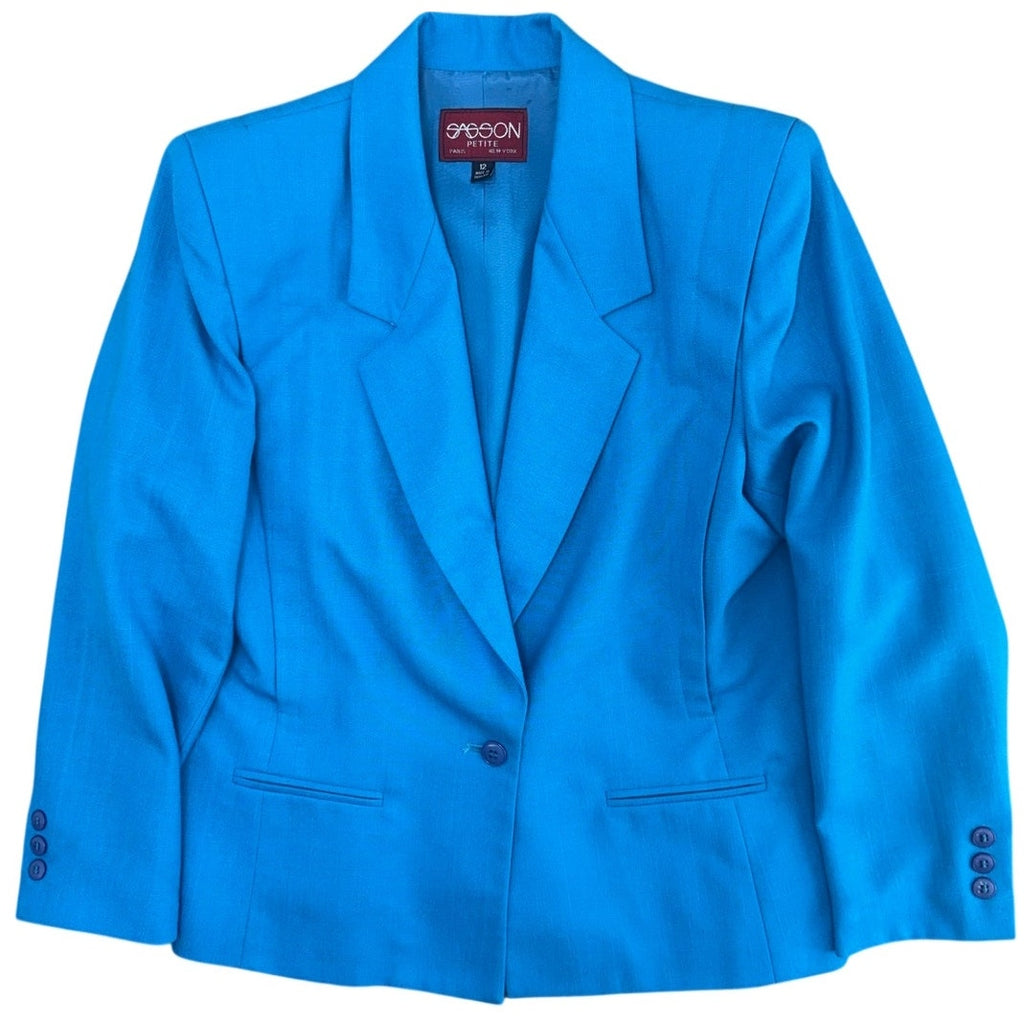 Vintage 80s Sasson Petite Women's 12 Blue Blazer Jacket Shoulder Pads