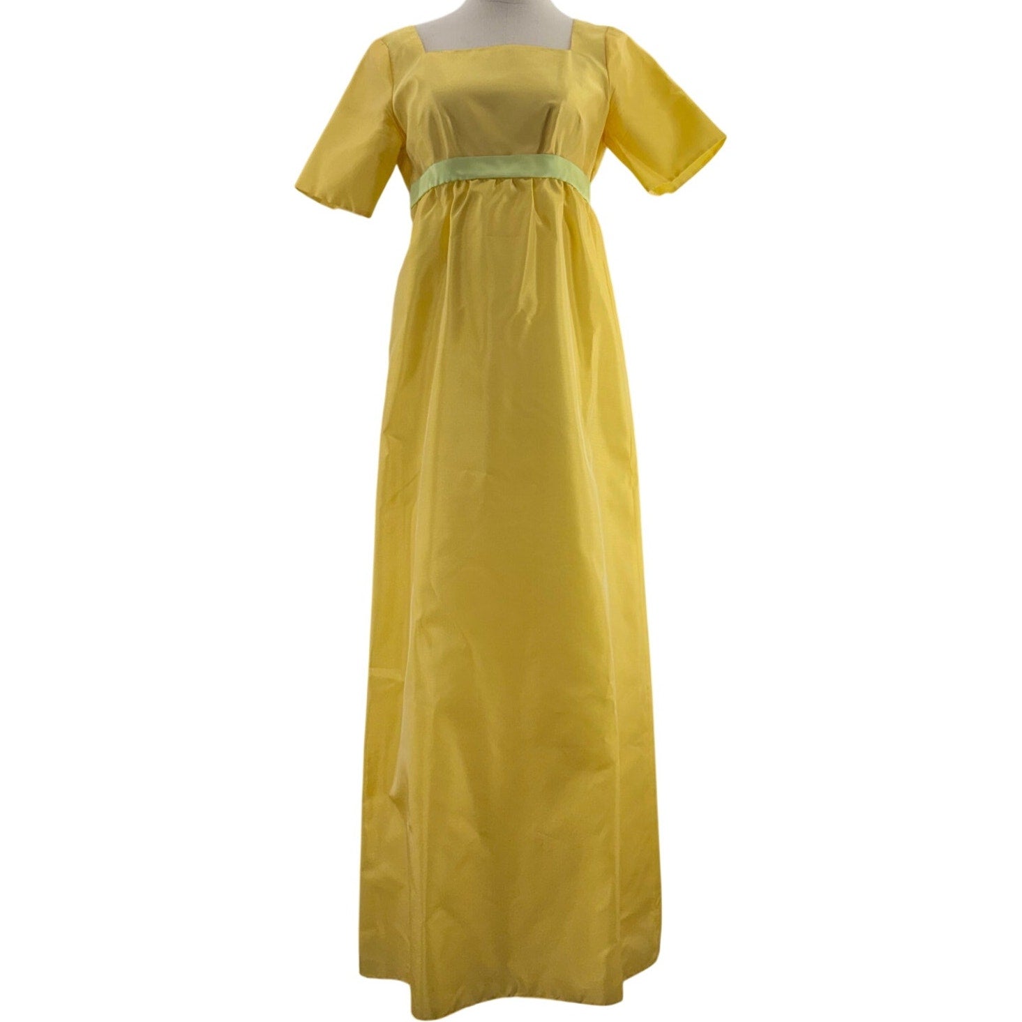 Vintage 60s Women's Small Yellow Chiffon Empire Waist Prom Dress Mint Ribbon