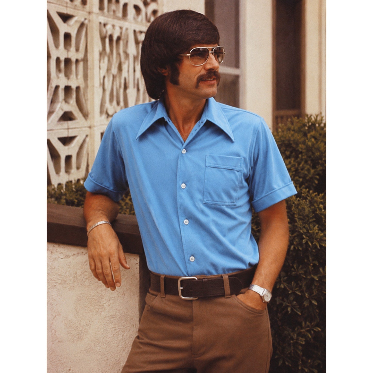 Vintage 70s Joel California Mens XL Sky Blue Dagger Collar Shirt