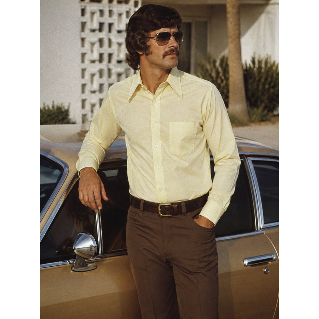 Vintage 70s Darwin Yellow Polyester Knit Point Collar Shirt Mens 42 Chest