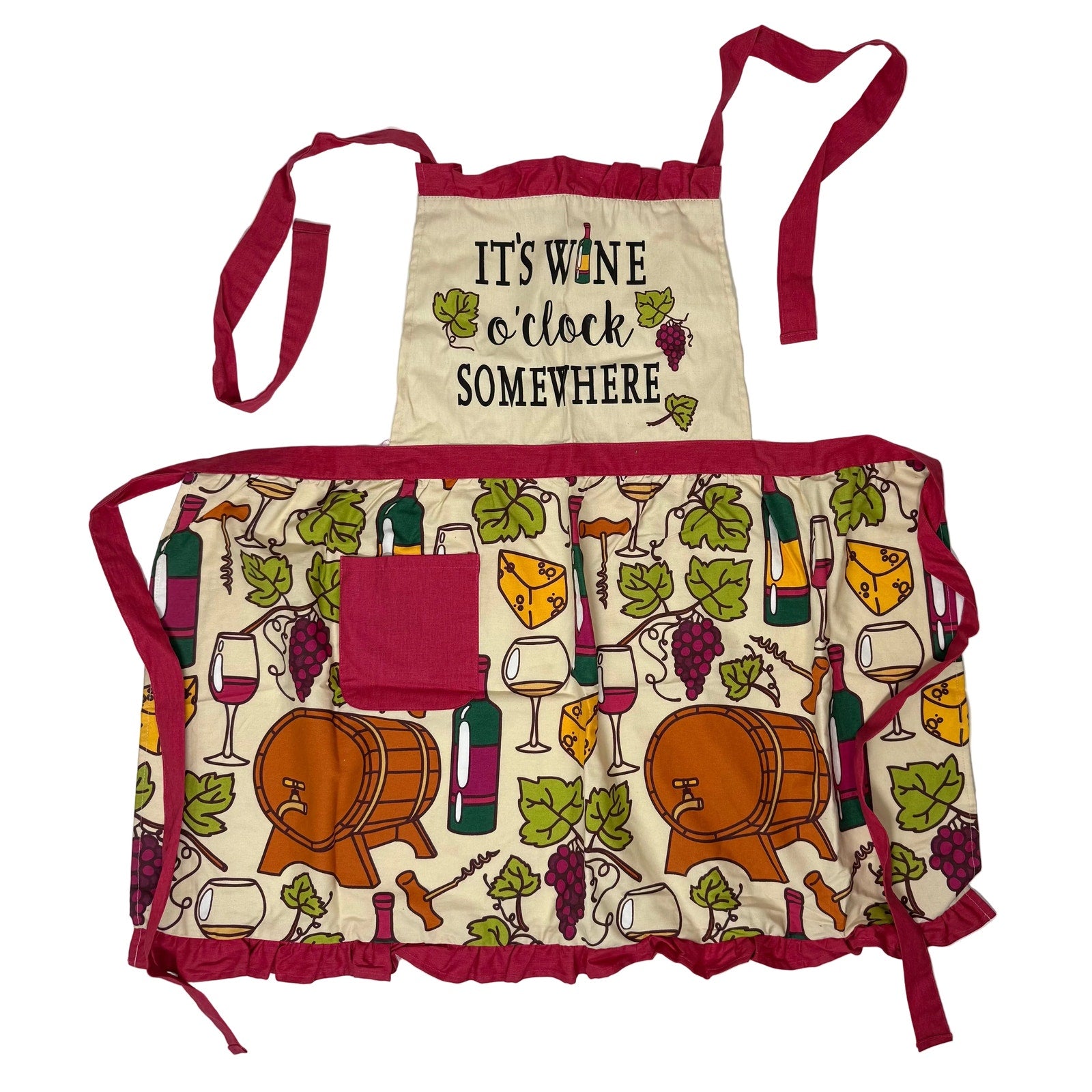 Wine Apron Wine O’Clock Somewhere Cotton Bib Apron Pantry Wine Print Ruffle