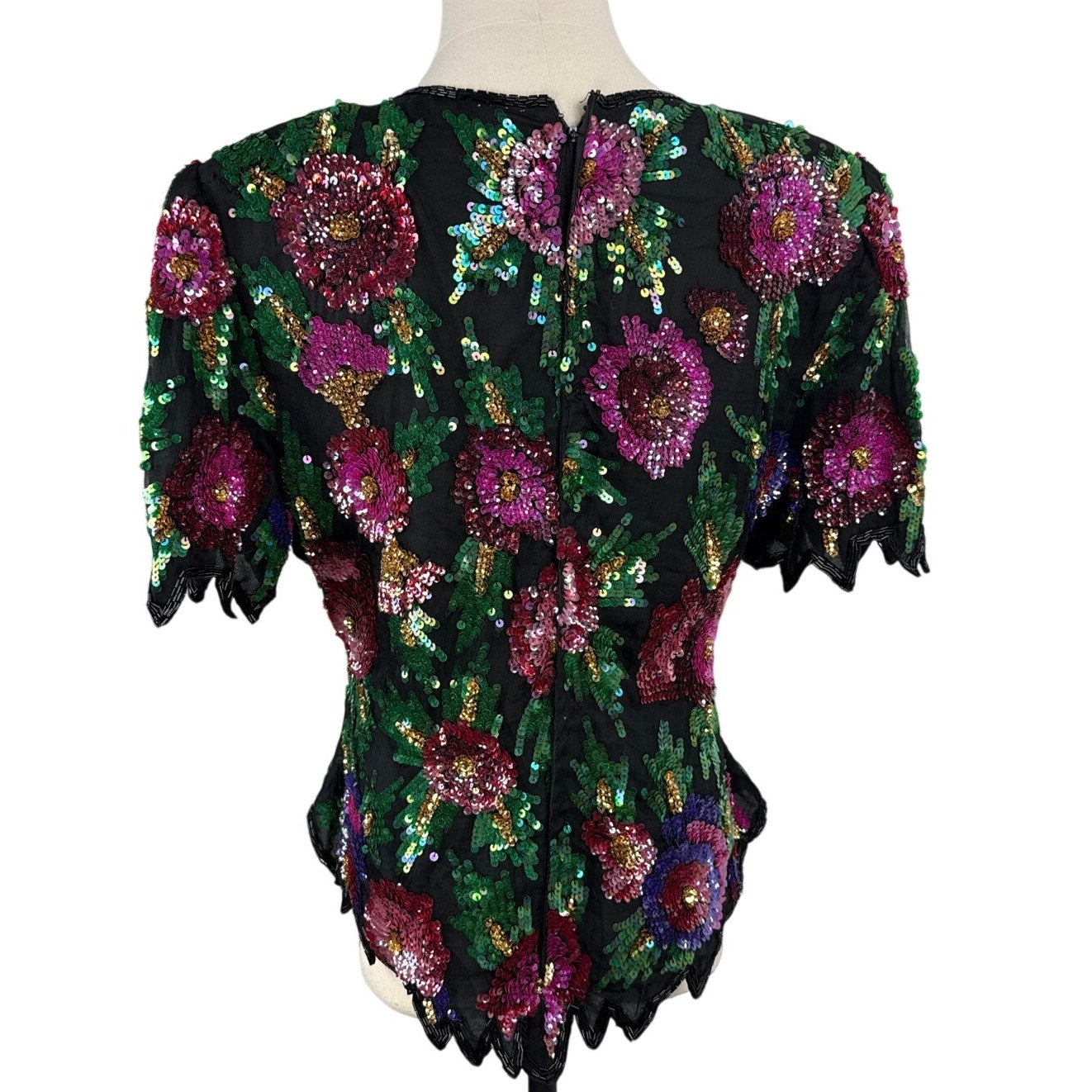 Vintage 80s Laurence Kazar PXL Silk Beaded Sequin Floral Evening Blouse