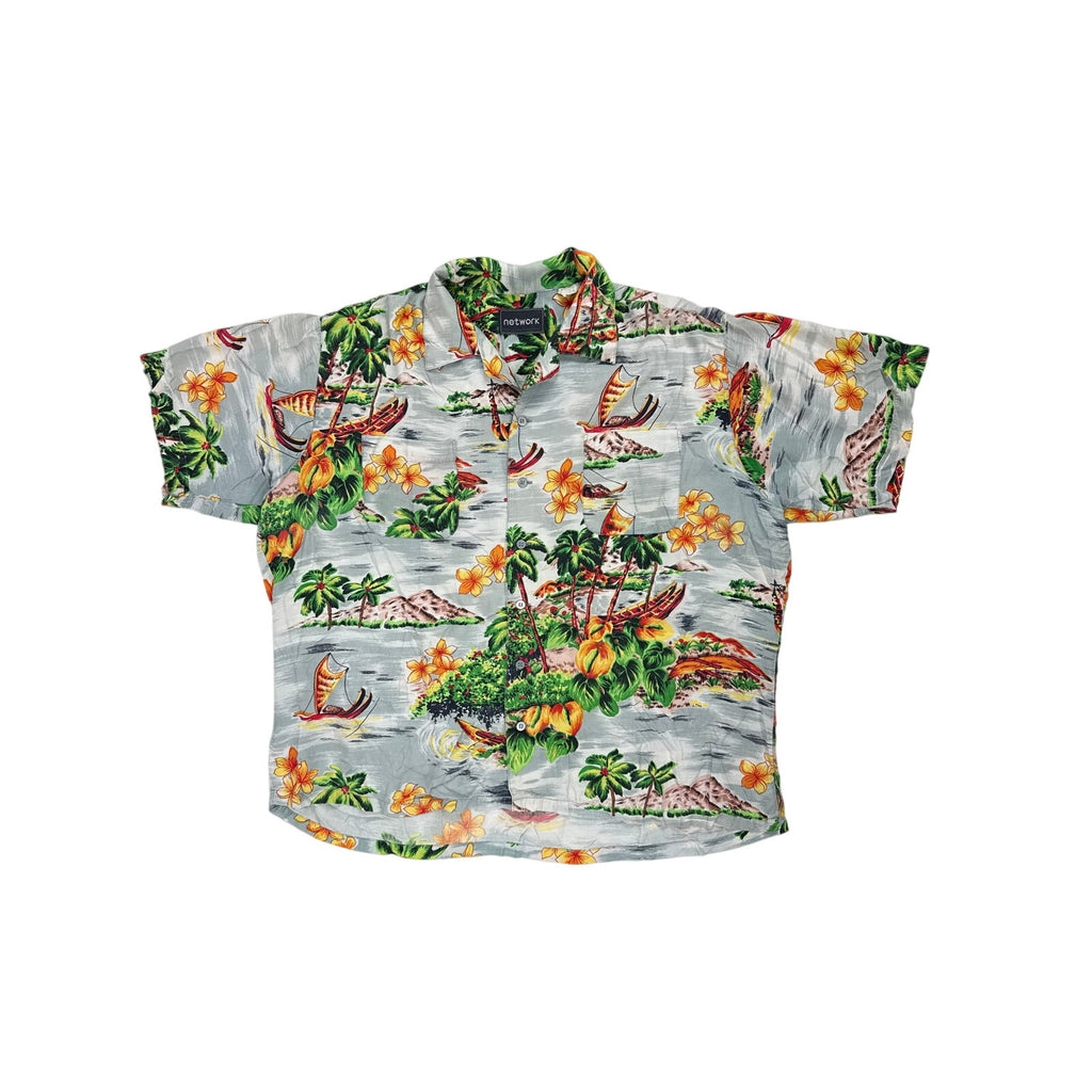 Vintage 90s Network Gray Rayon Hawaiian Canoe Floral Shirt Men's 2XL