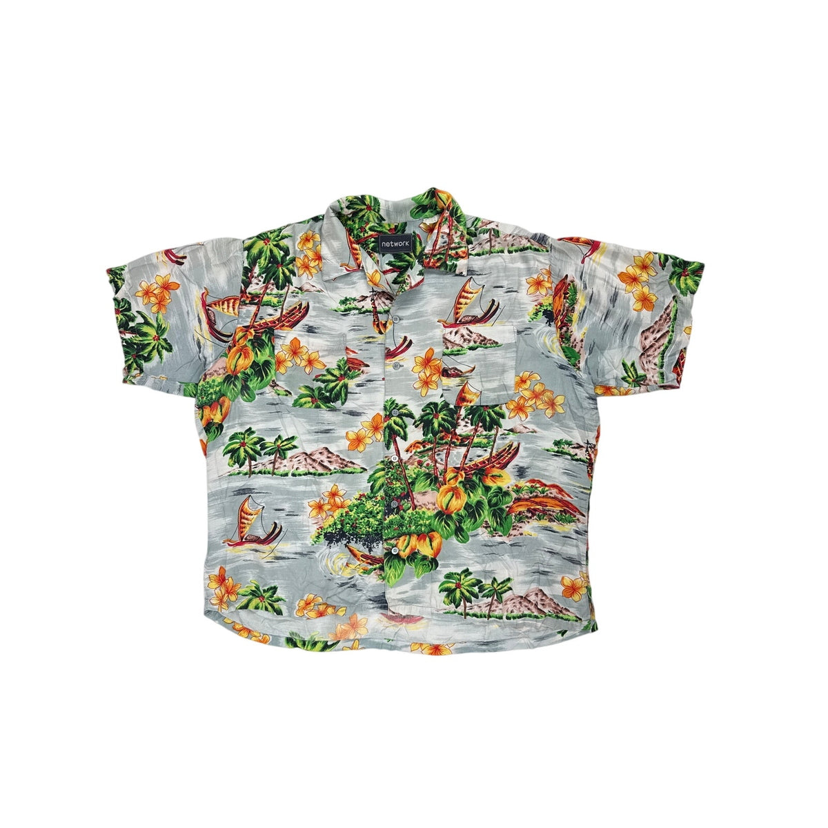 Vintage 90s Network Gray Rayon Hawaiian Canoe Floral Shirt Men's 2XL