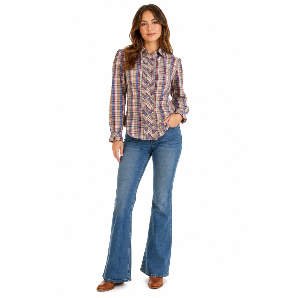 Vintage 70s Plaid Ruffle Blouse Gold Lurex Prairie Shirt Women's XS