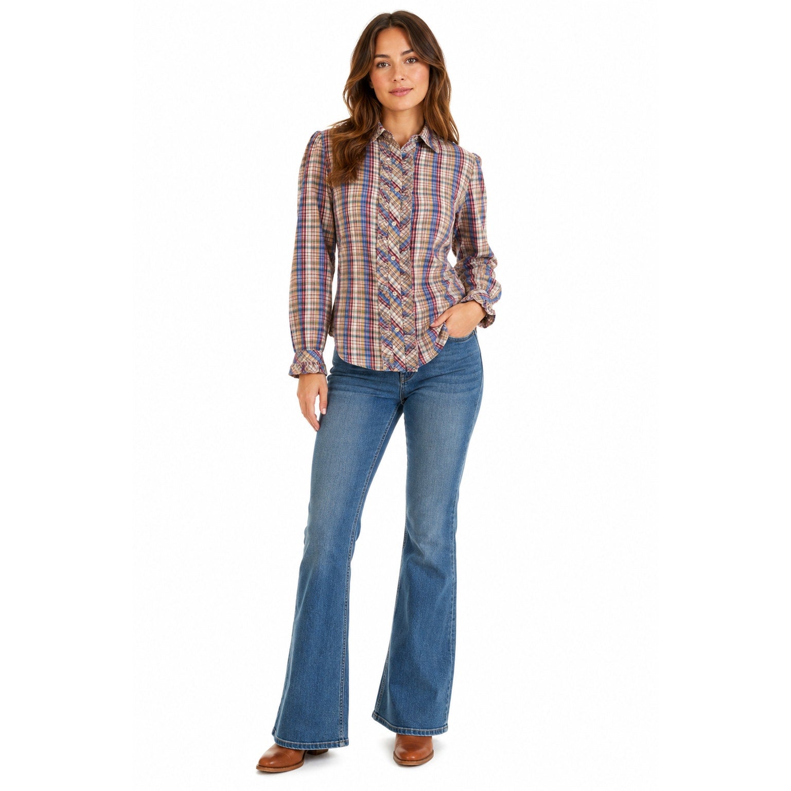 Vintage 70s Plaid Ruffle Blouse Gold Lurex Prairie Shirt Women's XS