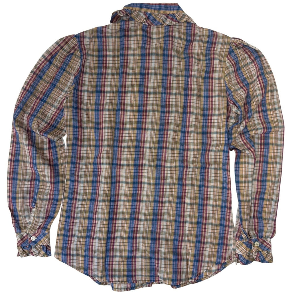 Vintage 70s Plaid Ruffle Blouse Gold Lurex Prairie Shirt Women's XS