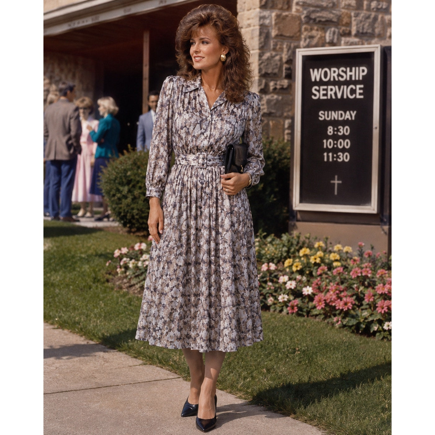 Vintage 1980s Willi of California Belted Abstract Print Midi Dress Women's 10