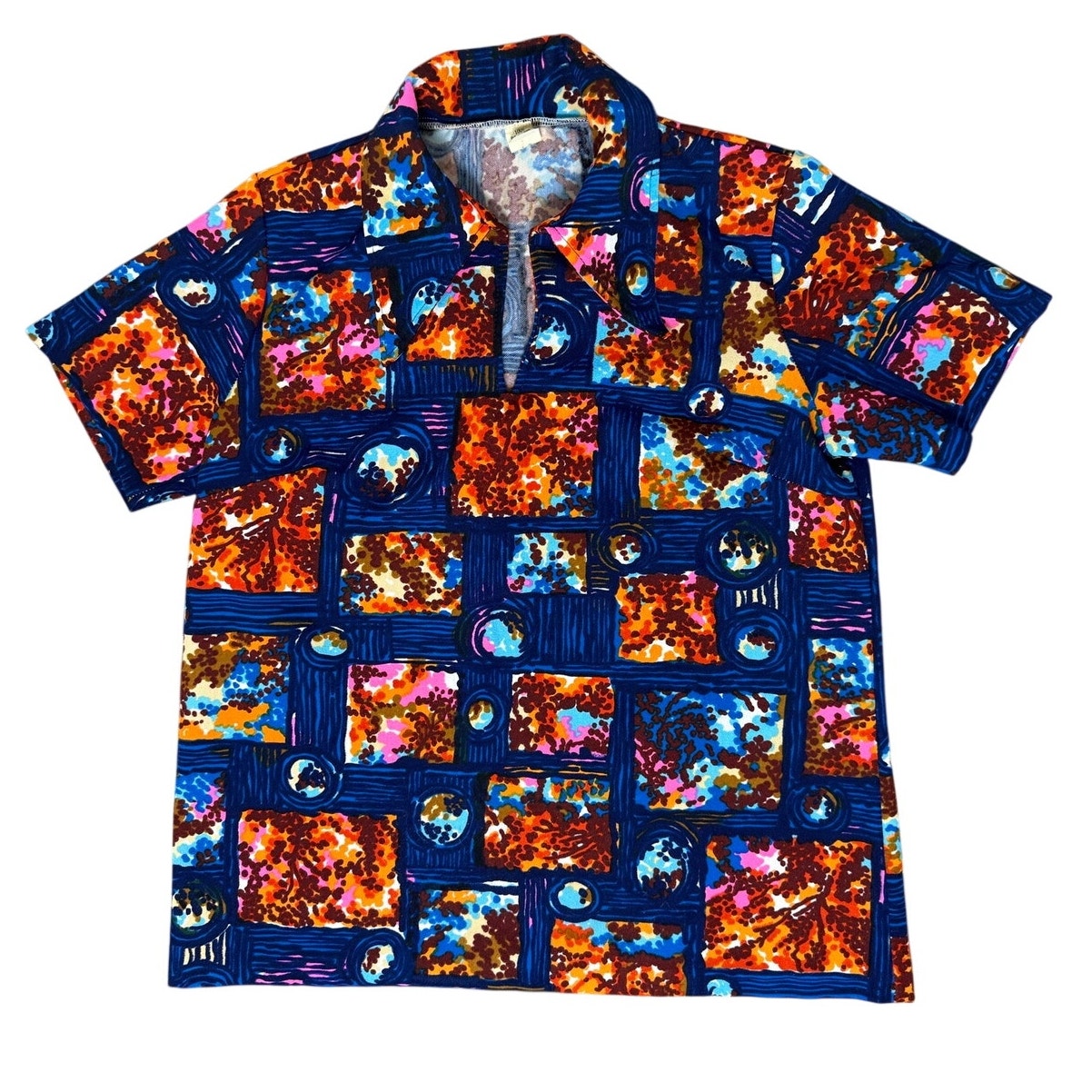 Vintage 70s Polyester Knit Abstract Print Disco Pullover Shirt Womens