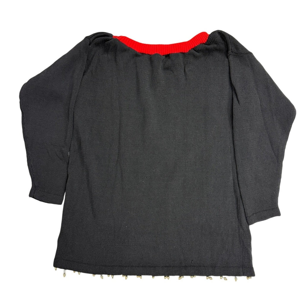 Vintage 80s Black Beaded Poinsettia Christmas Tunic Sweater Women's Large
