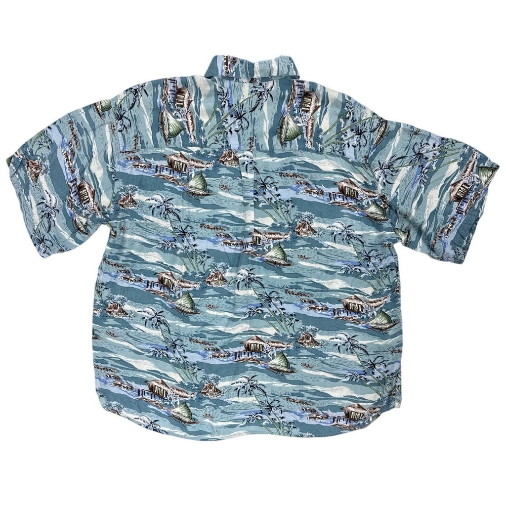 Vintage 90s New Millenium Blue Tropical Rayon Hawaiian Shirt Mens 2XL