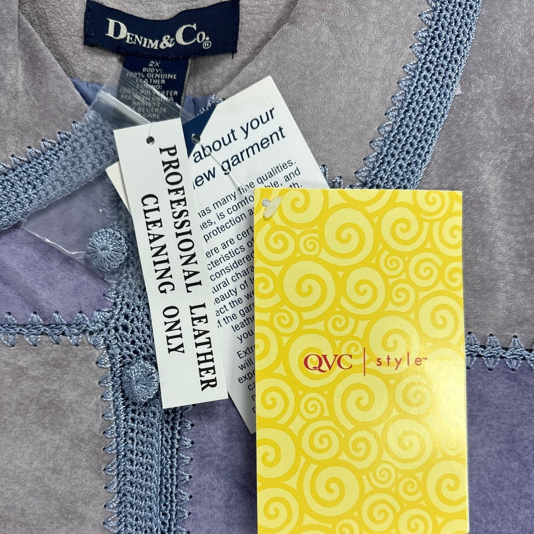 Vintage 90s Denim & Co Purple Patchwork Suede Leather Crochet Jacket Women's 2X
