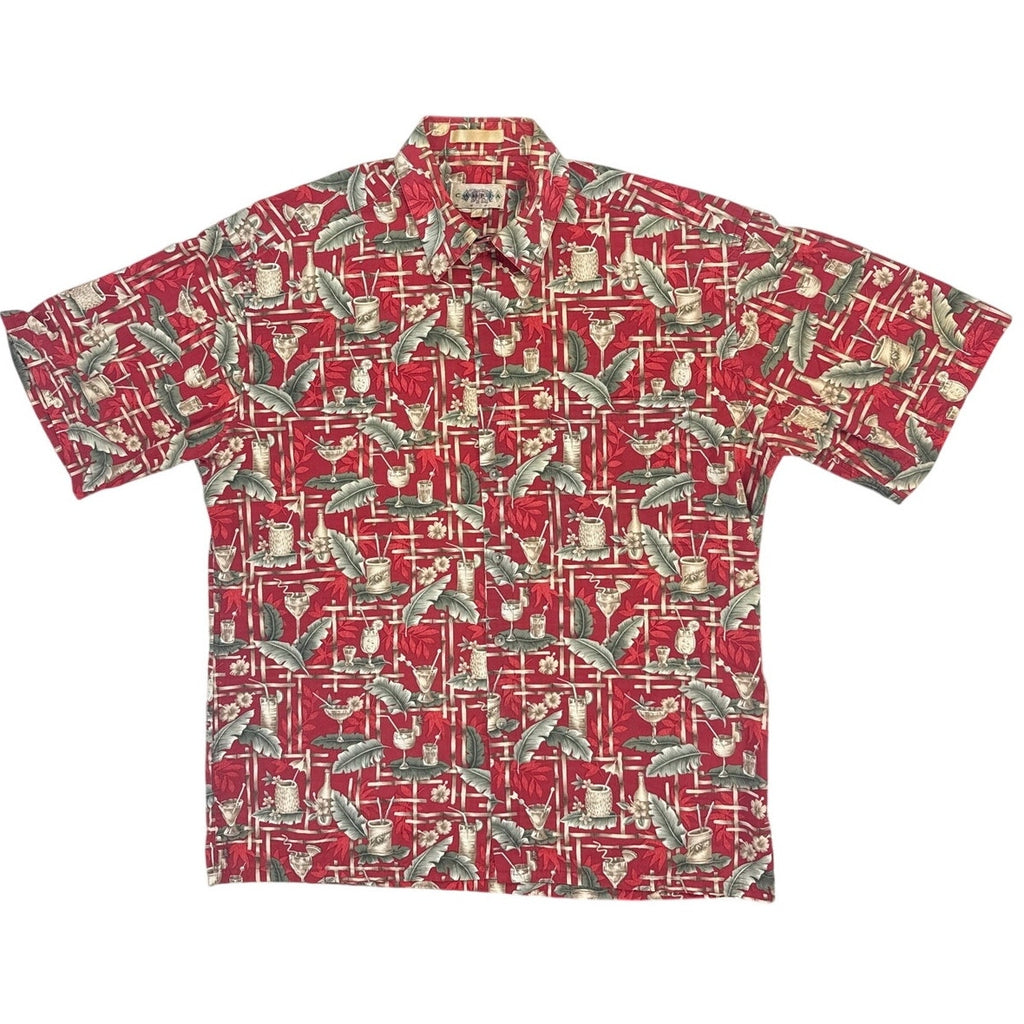 Vintage 90s Campia Men's Large Red Cocktail Print Hawaiian Aloha Shirt Cotton